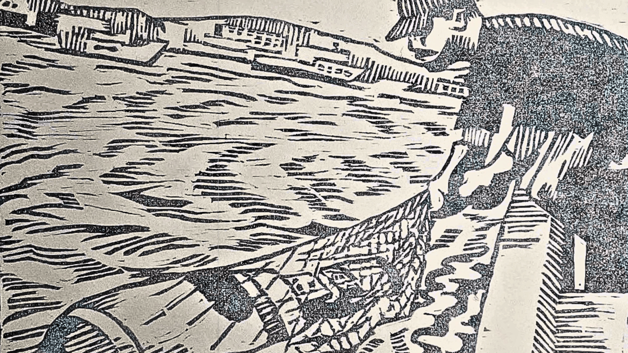 Woodcut-style fisherman on a pier hauling a net from choppy water, houses behind