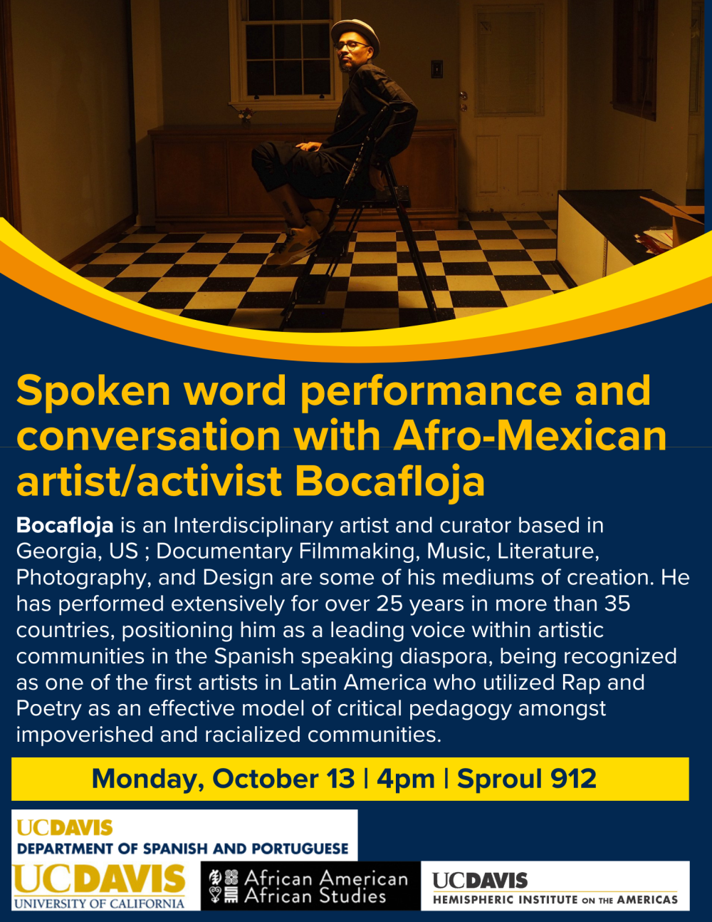 A flyer for the upcoming event, featuring a photo of the performer in a stylistically lit kitchen.