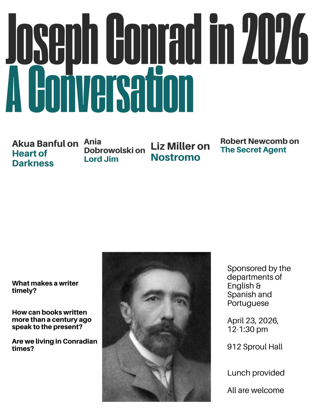 Poster titled "Joseph Conrad in 2026" featuring a vintage portrait and event speaker list